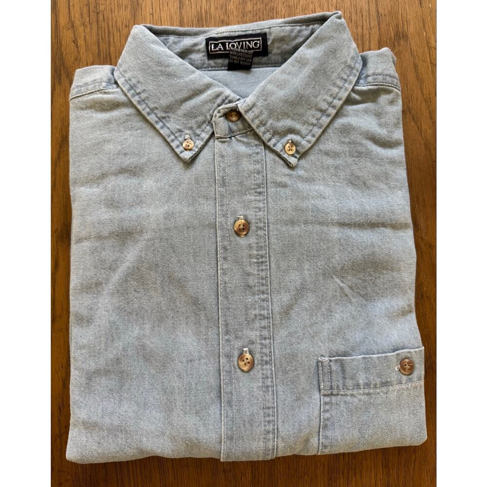 LA Loving Denim Shirt Blue Long Sleeve Button Down Large - Picture 2 of 6